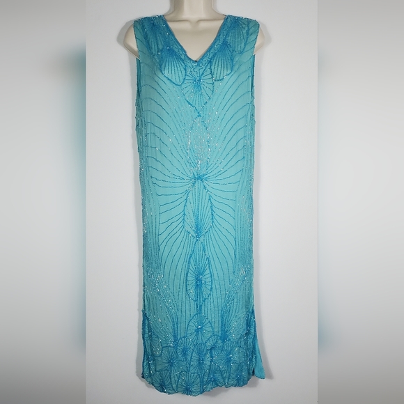 Star Group Dresses & Skirts - Star Group Turquoise Vintage Beaded Pure Silk Dress Size Medium